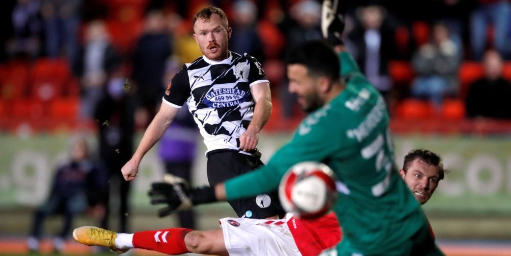 Soccer Football - FA Cup Second Round - Gateshead v Charlton Athletic - Gateshead International Stadium, Gateshead, Britain - December 3, 2021 Gateshead?s Adam Campbell in action shooting wide  Action Images/Lee Smith