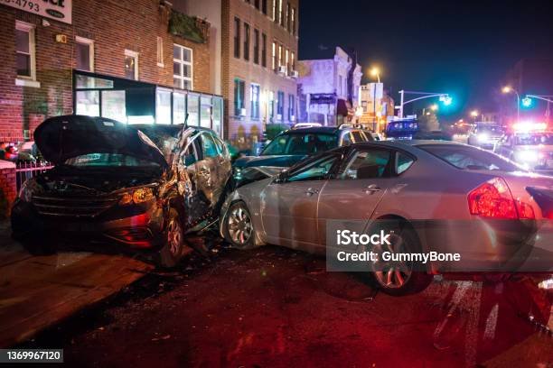 12/3/2014-Brooklyn, NY: Severe car crash at night in the city close up