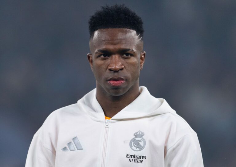 Vinicius-Junior-Real-Madrid-football-soccer-player-UEFA-league-knockout--play-off-against-Manchester-City-2024-25